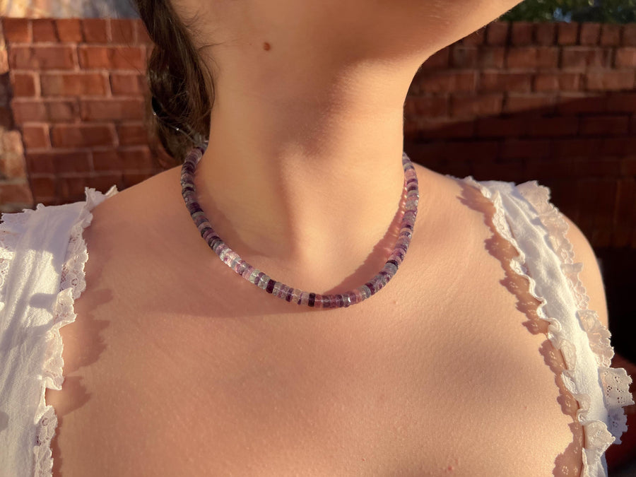 Fluorite Heishi Disco Necklace, Hand Knotted