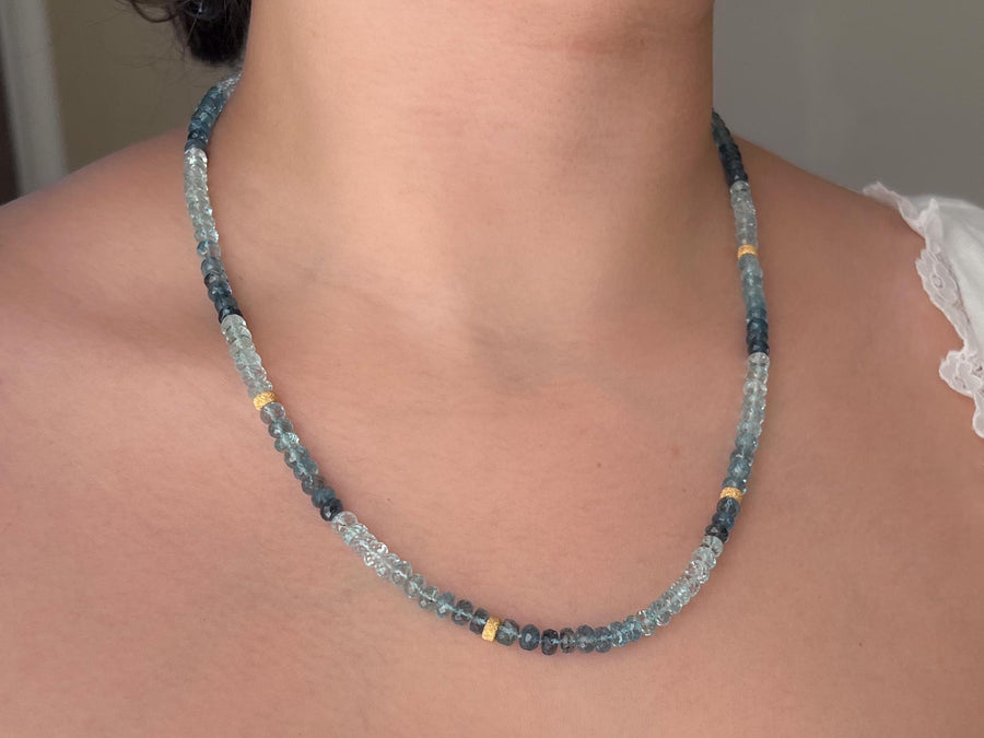 Aquamarine Shaded Necklace, Gold Stardust Accents, Boho Gemstone Jewelry