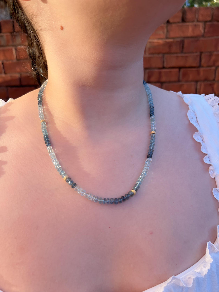 Aquamarine Shaded Necklace, Gold Stardust Accents, Boho Gemstone Jewelry