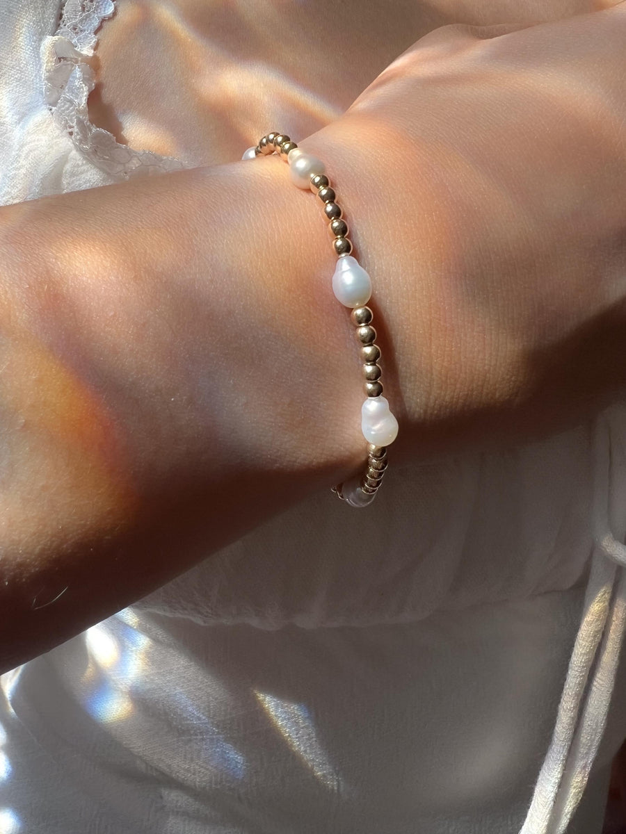 Gold Bead and Baroque Pearl Bracelet, Stretch Bracelet, Boho Jewelry