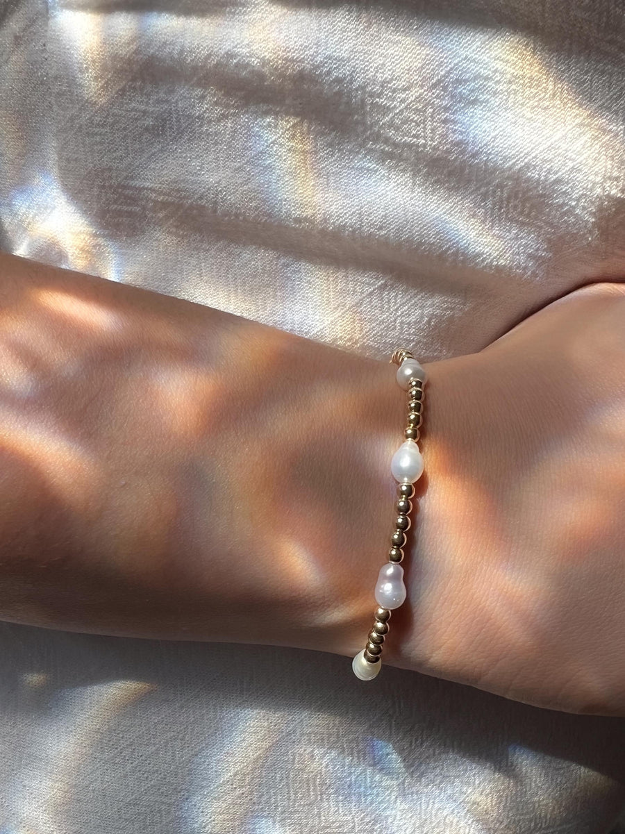 Gold Bead and Baroque Pearl Bracelet, Stretch Bracelet, Boho Jewelry