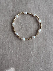 Gold Bead and Baroque Pearl Bracelet, Stretch Bracelet, Boho Jewelry