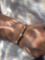 Gold Bead and Baroque Pearl Bracelet, Stretch Bracelet, Boho Jewelry
