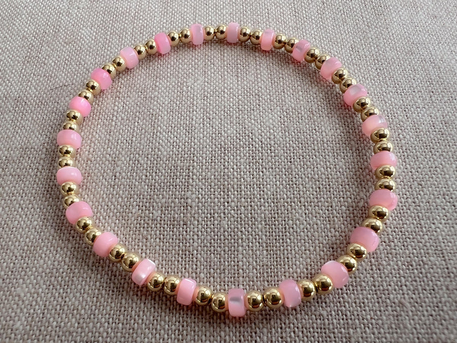 Gold Bead Bracelet with Pink Shell Pearl Accents, 14k Gold Filled, Stretch Bracelets