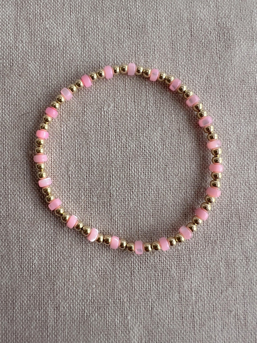 Gold Bead Bracelet with Pink Shell Pearl Accents, 14k Gold Filled, Stretch Bracelets