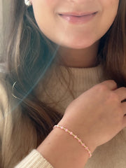 Gold Bead Bracelet with Pink Shell Pearl Accents, 14k Gold Filled, Stretch Bracelets