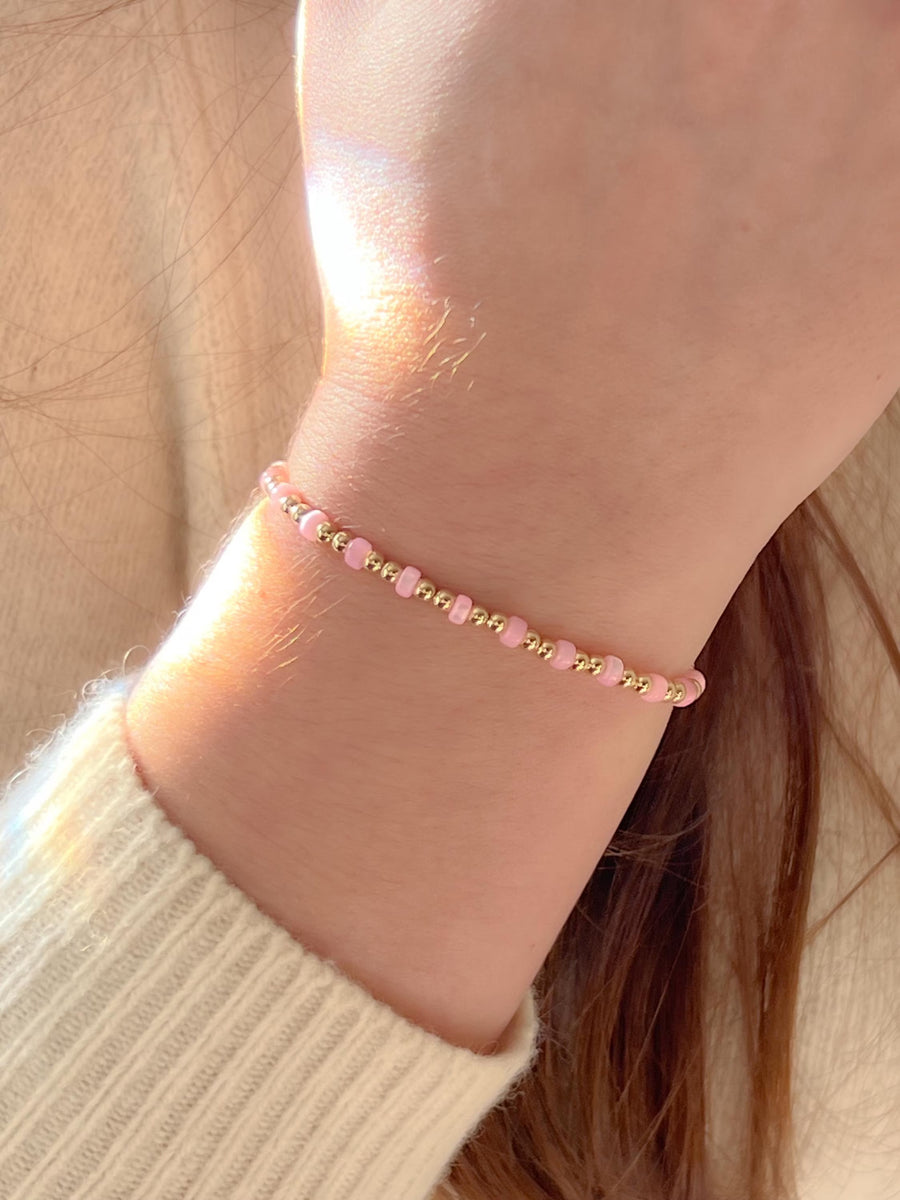 Gold Bead Bracelet with Pink Shell Pearl Accents, 14k Gold Filled, Stretch Bracelets
