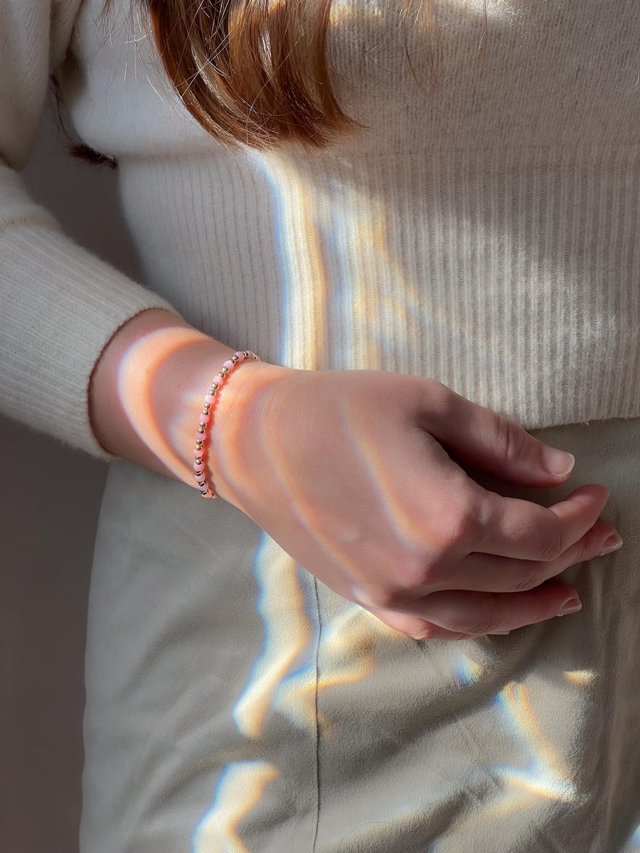 Gold Bead Bracelet with Pink Shell Pearl Accents, 14k Gold Filled, Stretch Bracelets