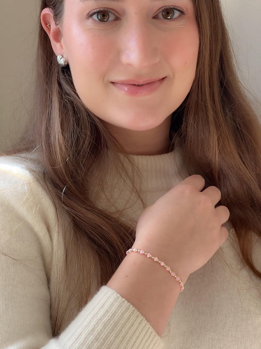 Gold Bead Bracelet with Pink Shell Pearl Accents, 14k Gold Filled, Stretch Bracelets