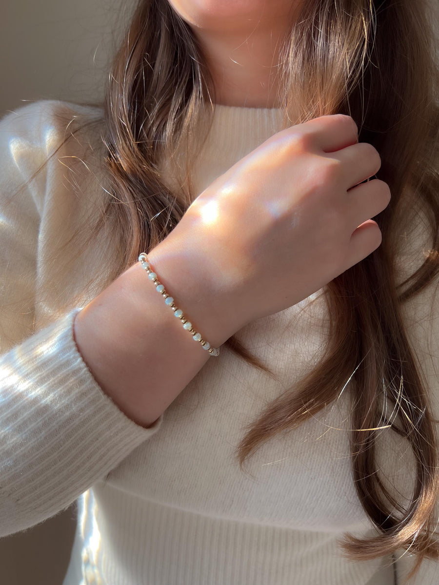 Gold Bead and Blue Pearl Bracelet, 14k Gold Filled, Boho Jewelry