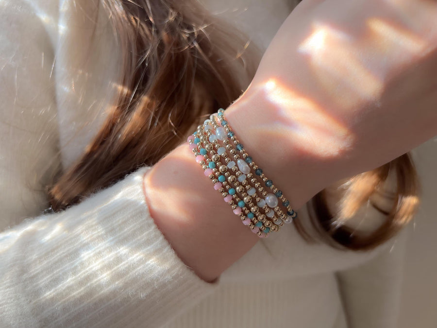 Gold Bead and Blue Pearl Bracelet, 14k Gold Filled, Boho Jewelry