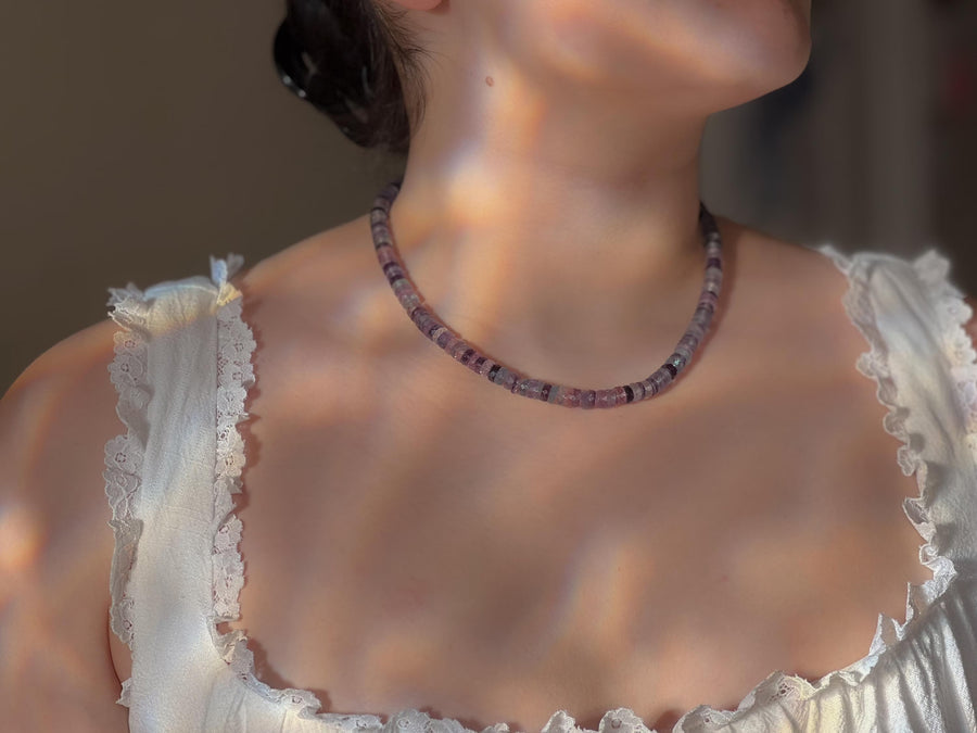 Fluorite Heishi Disco Necklace, Hand Knotted