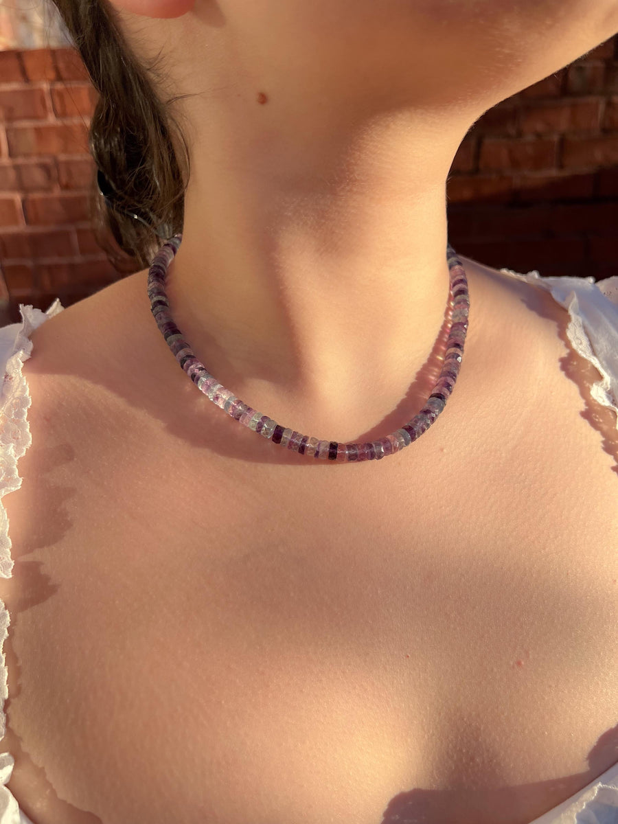 Fluorite Heishi Disco Necklace, Hand Knotted