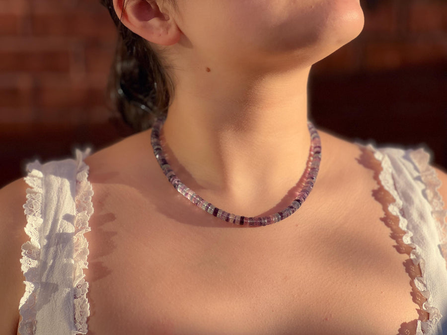 Fluorite Heishi Disco Necklace, Hand Knotted