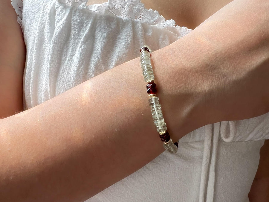 Prasiolite Heishi Bracelet with Garnet Accents, Gemstone Boho Bracelet, 14k Gold Filled