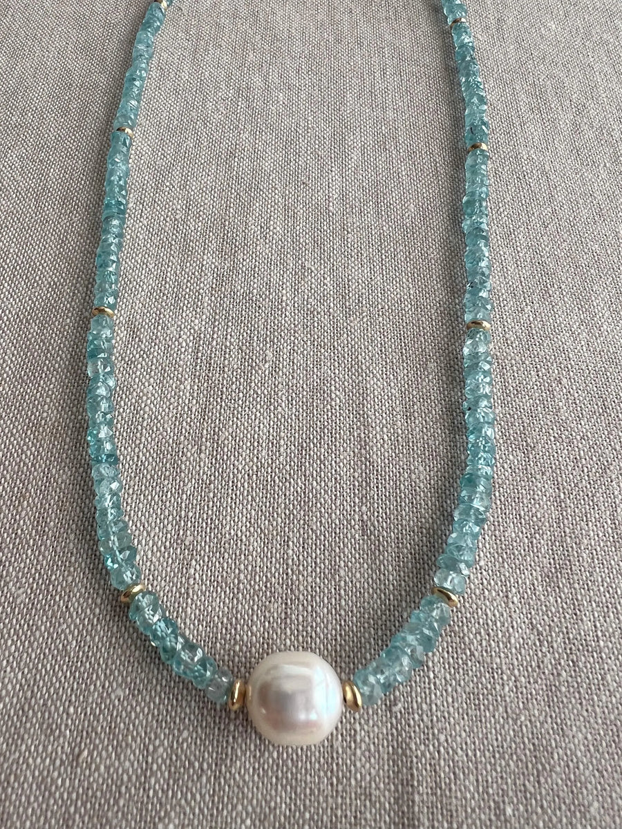 Blue Zircon Necklace with Pear Accent, Fine Boho Jewelry