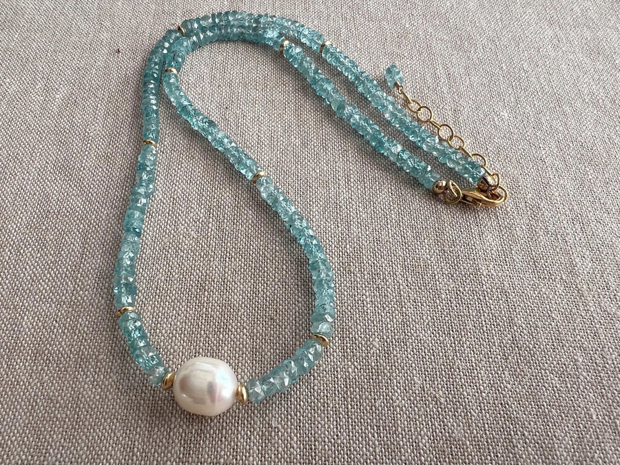 Blue Zircon Necklace with Pear Accent, Fine Boho Jewelry