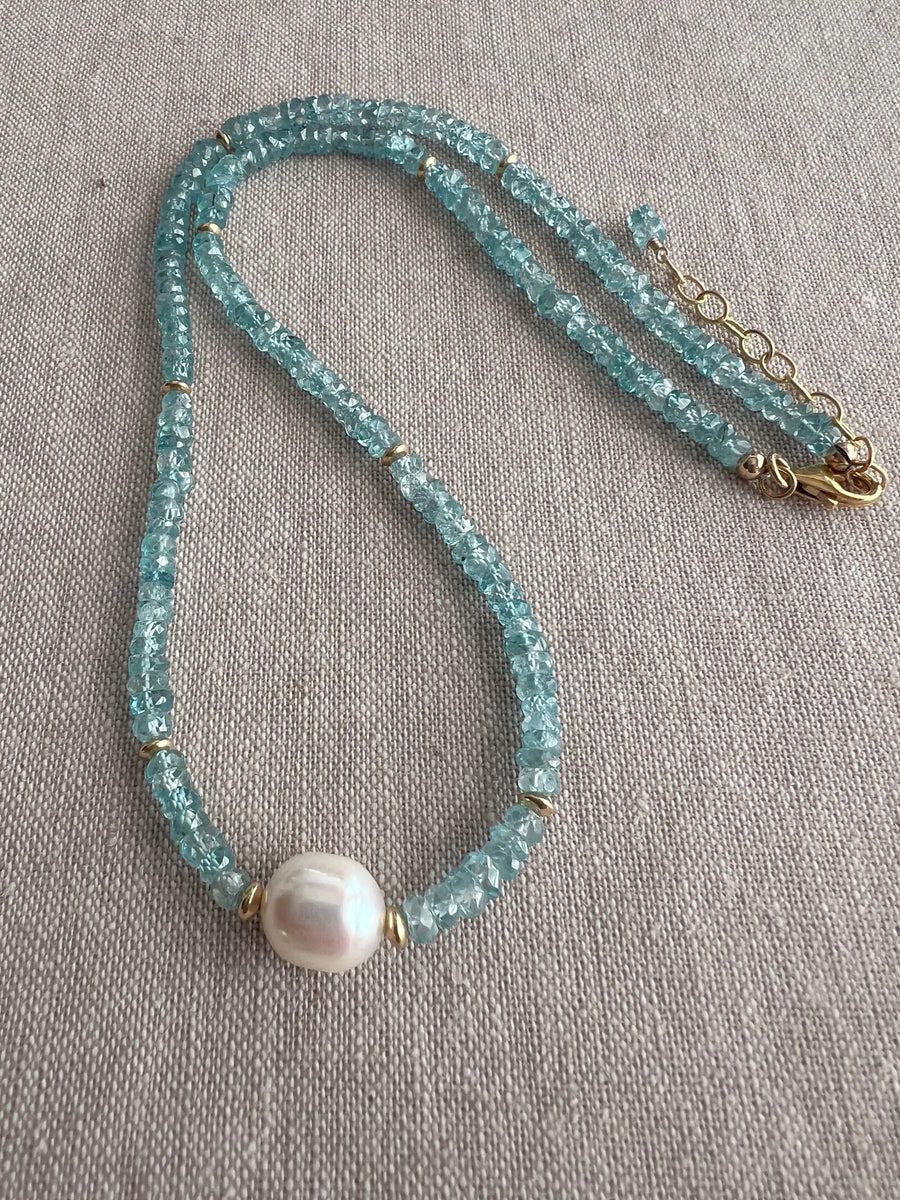 Blue Zircon Necklace with Pear Accent, Fine Boho Jewelry