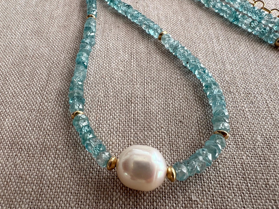 Blue Zircon Necklace with Pear Accent, Fine Boho Jewelry