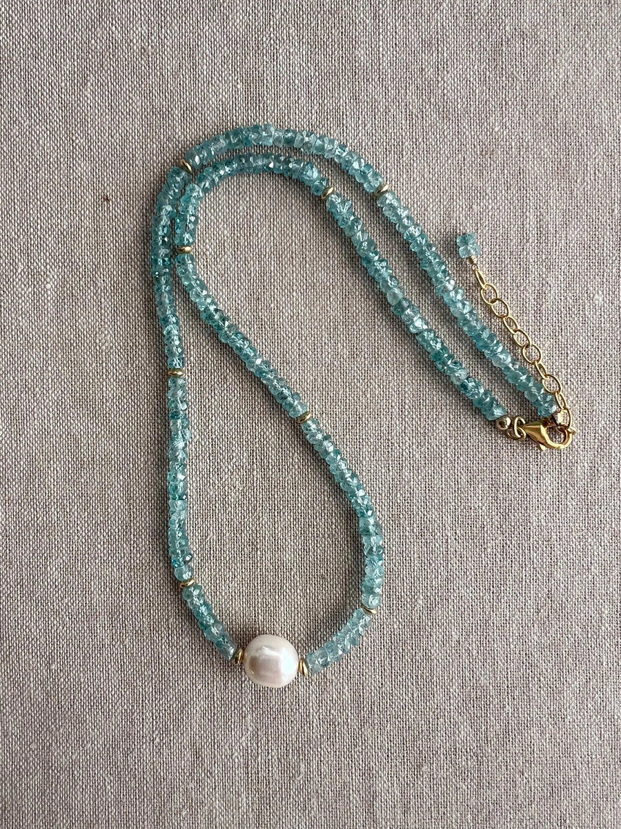 Blue Zircon Necklace with Pear Accent, Fine Boho Jewelry