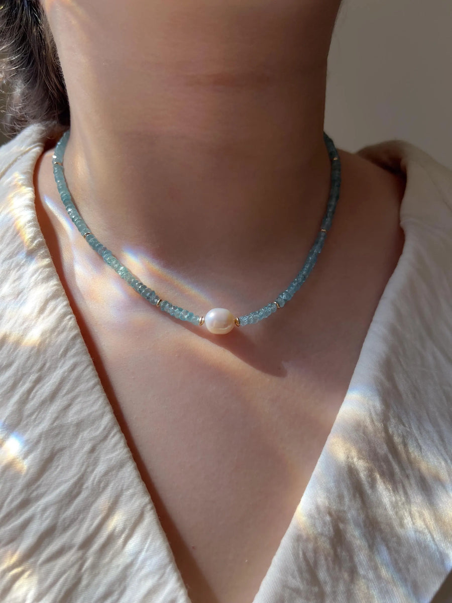 Blue Zircon Necklace with Pear Accent, Fine Boho Jewelry