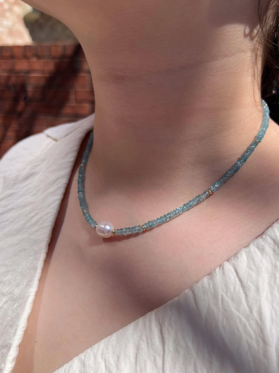 Blue Zircon Necklace with Pear Accent, Fine Boho Jewelry
