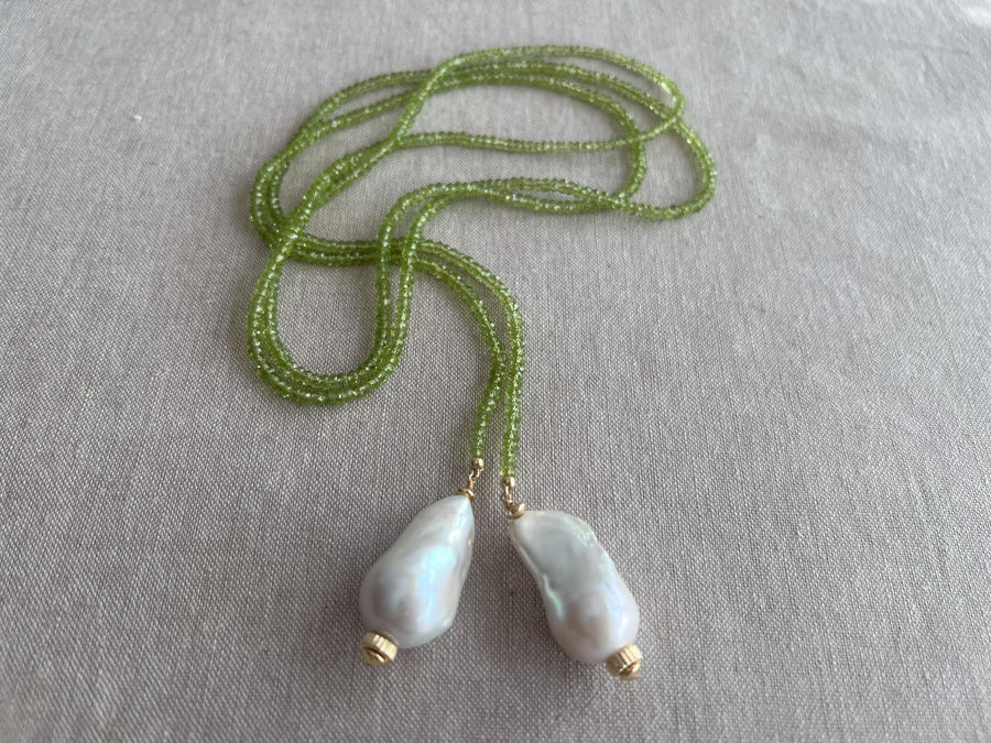 Peridot Multi Way Neckace with Baroque Pearl Ends