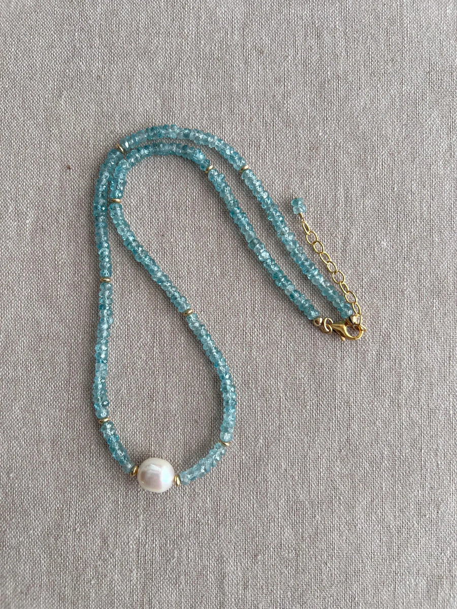 Blue Zircon Necklace with Pear Accent, Fine Boho Jewelry