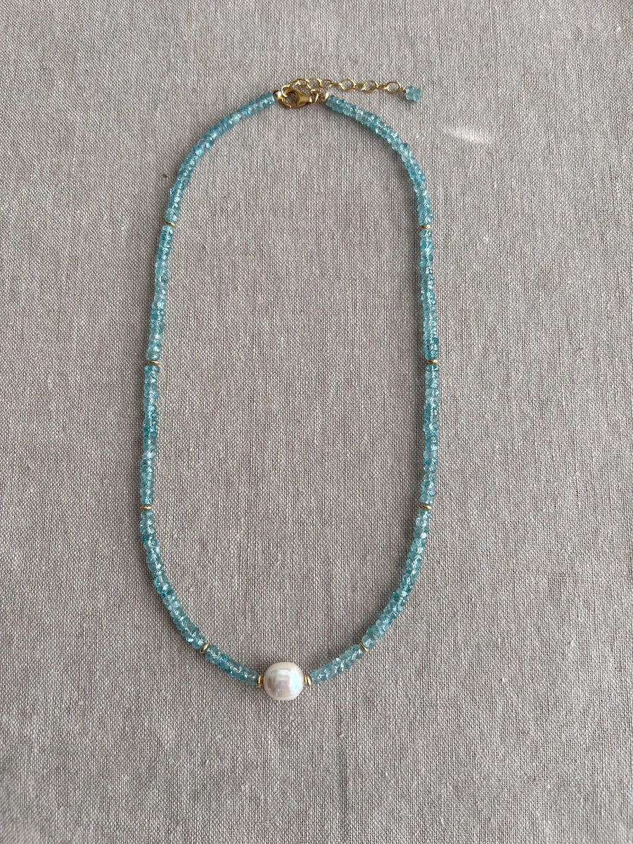 Blue Zircon Necklace with Pear Accent, Fine Boho Jewelry