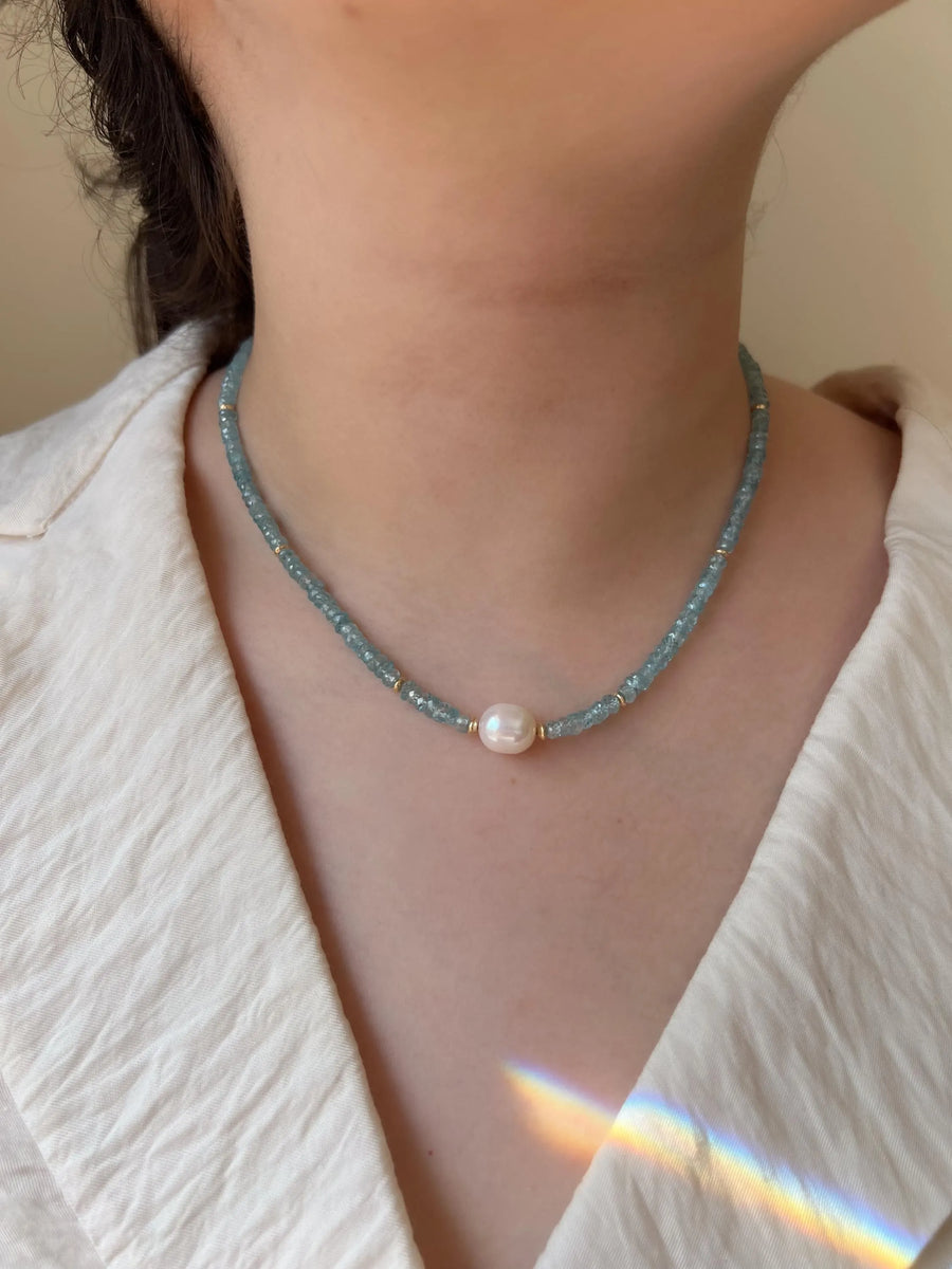 Blue Zircon Necklace with Pear Accent, Fine Boho Jewelry