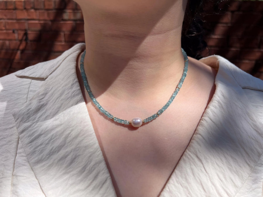 Blue Zircon Necklace with Pear Accent, Fine Boho Jewelry