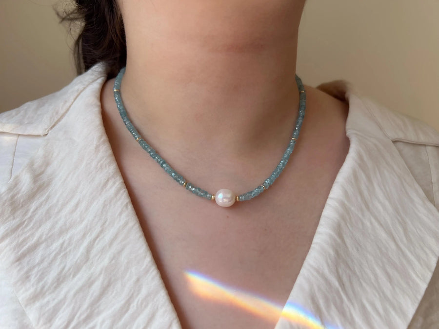 Blue Zircon Necklace with Pear Accent, Fine Boho Jewelry