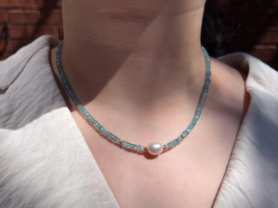 Blue Zircon Necklace with Pear Accent, Fine Boho Jewelry