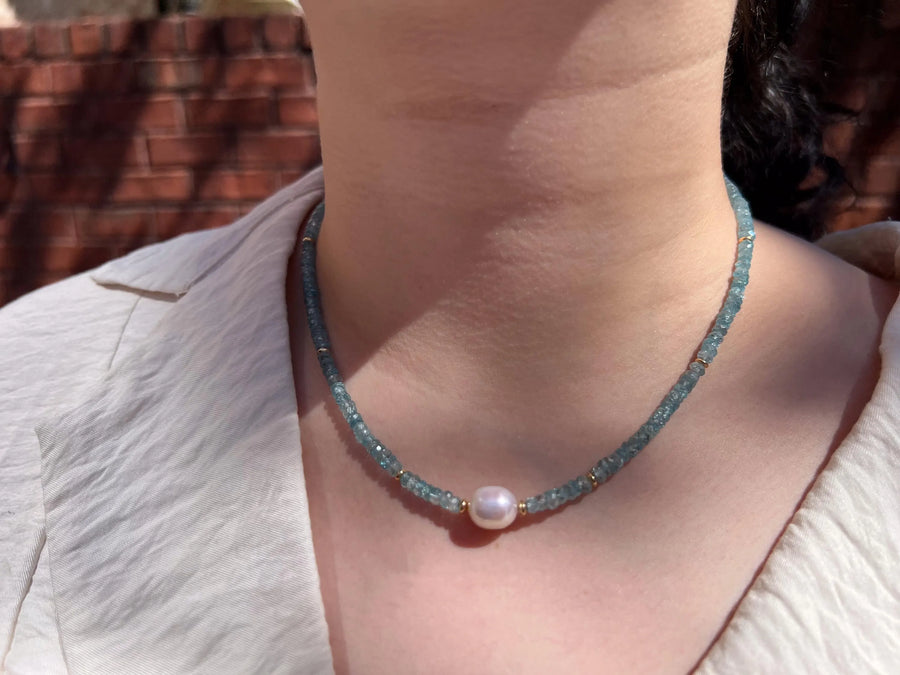 Blue Zircon Necklace with Pear Accent, Fine Boho Jewelry