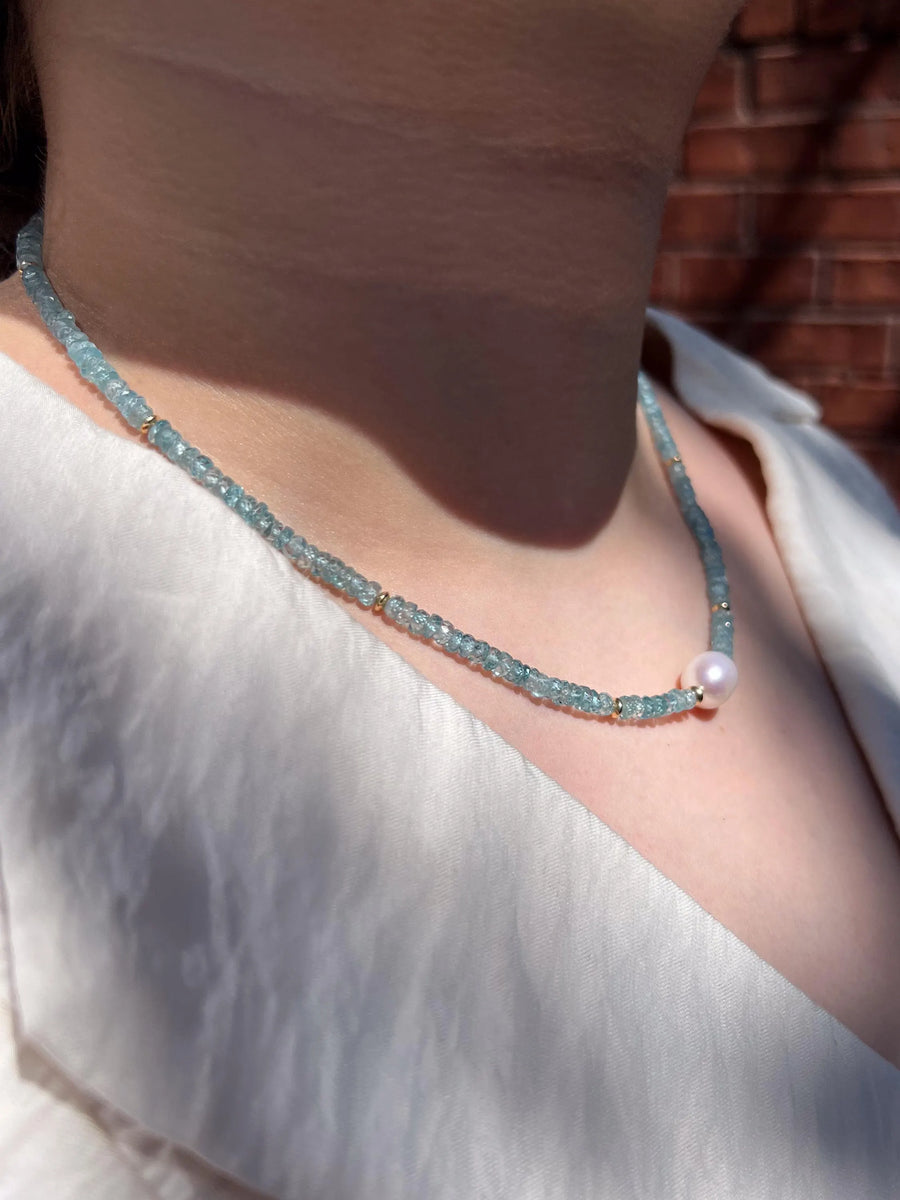 Blue Zircon Necklace with Pear Accent, Fine Boho Jewelry