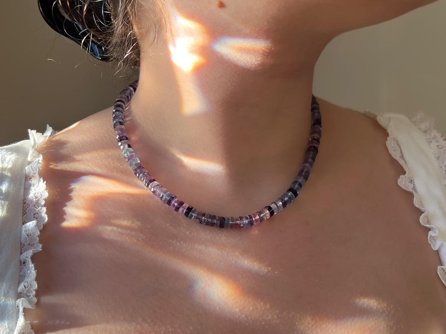Fluorite Heishi Disco Necklace, Hand Knotted