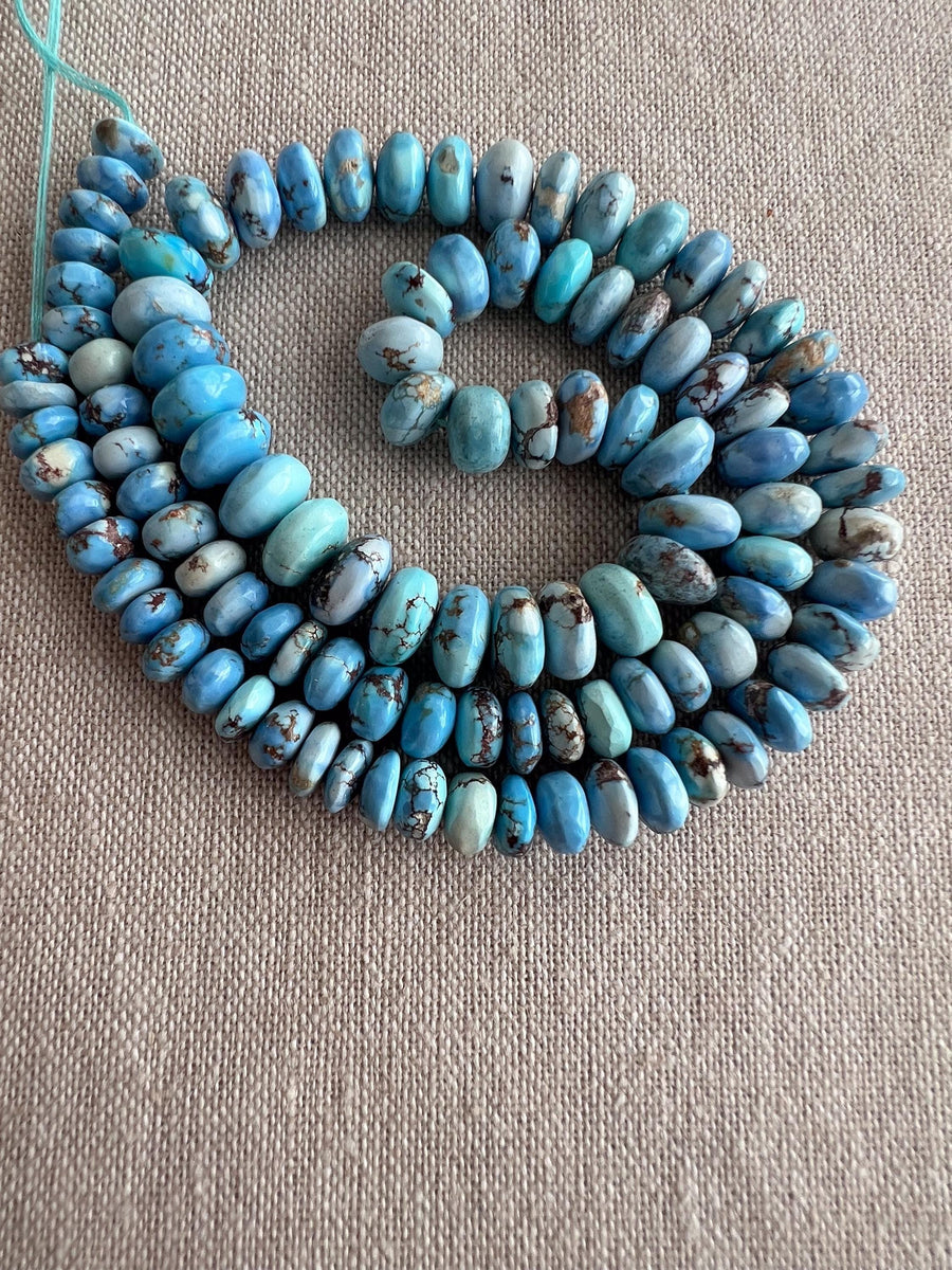 15-inch strand of AAA Golden Hills Turquoise smooth rondelle beads from Kazakhstan, graduated from 4mm to 7.5mm for jewelry making. blue beads