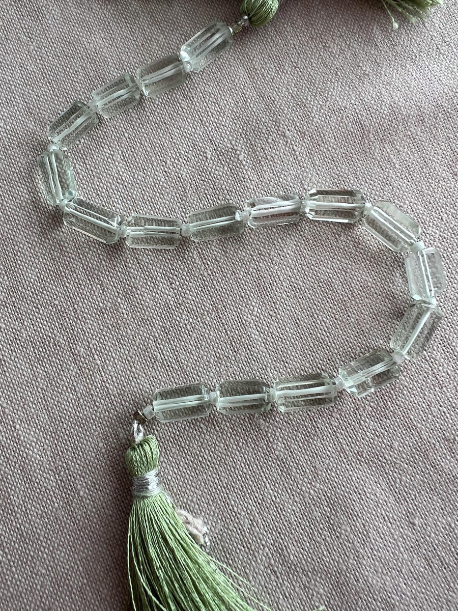 AA+ Brazilian Prasiolite faceted cylinder beads, transparent mint green amethyst gemstones graduated from 6x10mm to 7x12mm.