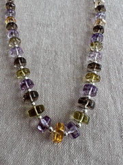 Transparent Amethyst, green Prasiolite, Citrine, and Lemon Quartz beads with sparkling faceted button cuts and excellent clarity.