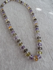 18-inch strand of mixed semi-precious faceted button beads, graduated from 7mm to 9.5mm, with approximately 60 gemstones.