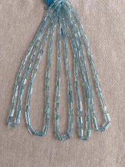 AA+ natural Brazilian Aquamarine faceted cylinder beads, transparent pale blue gemstones graduated from 3x5mm to 6x9mm.
