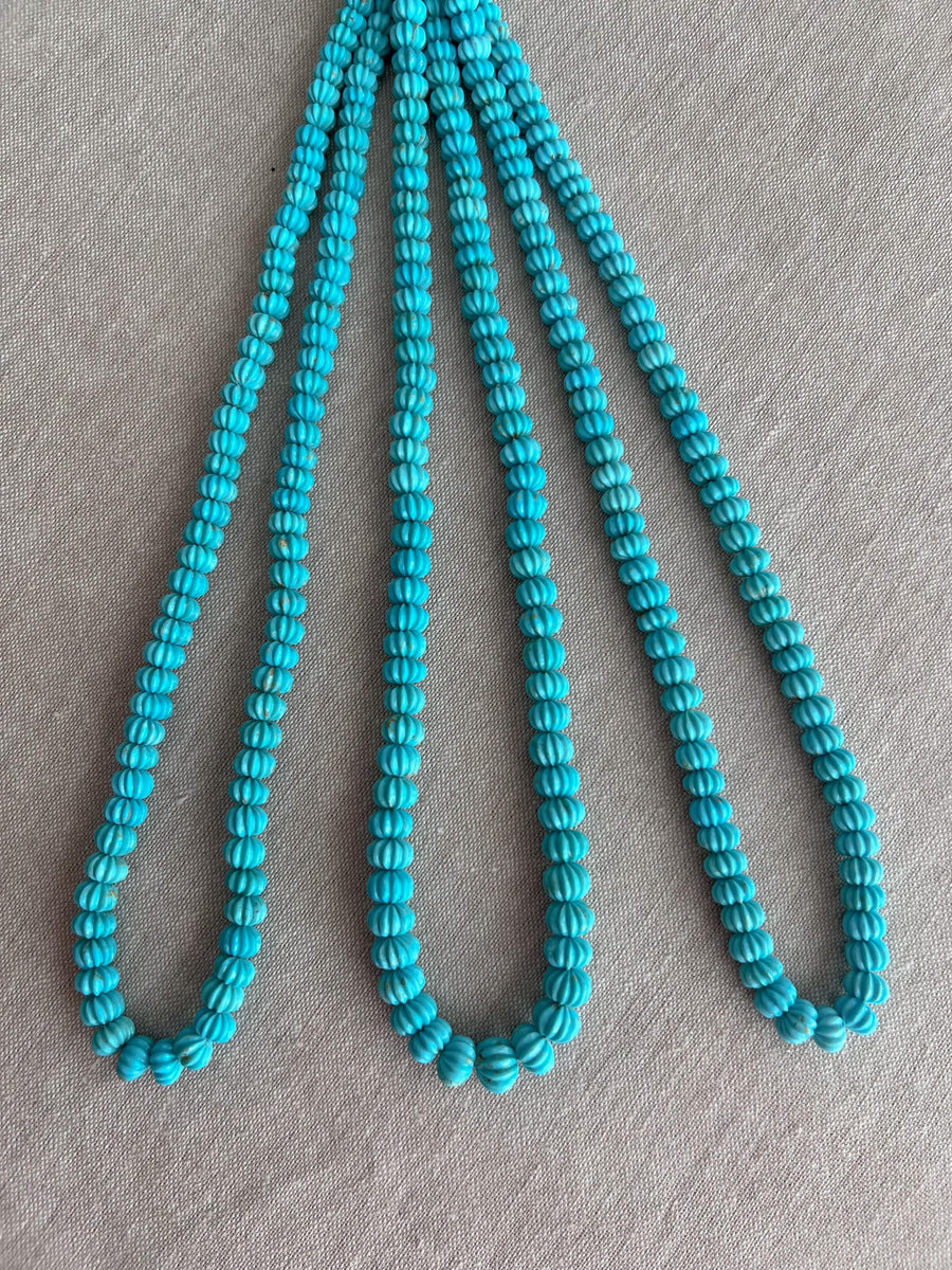 Sleeping Beauty Turquoise Carved Melon Beads, Natural Turquoise, AA+ Grade