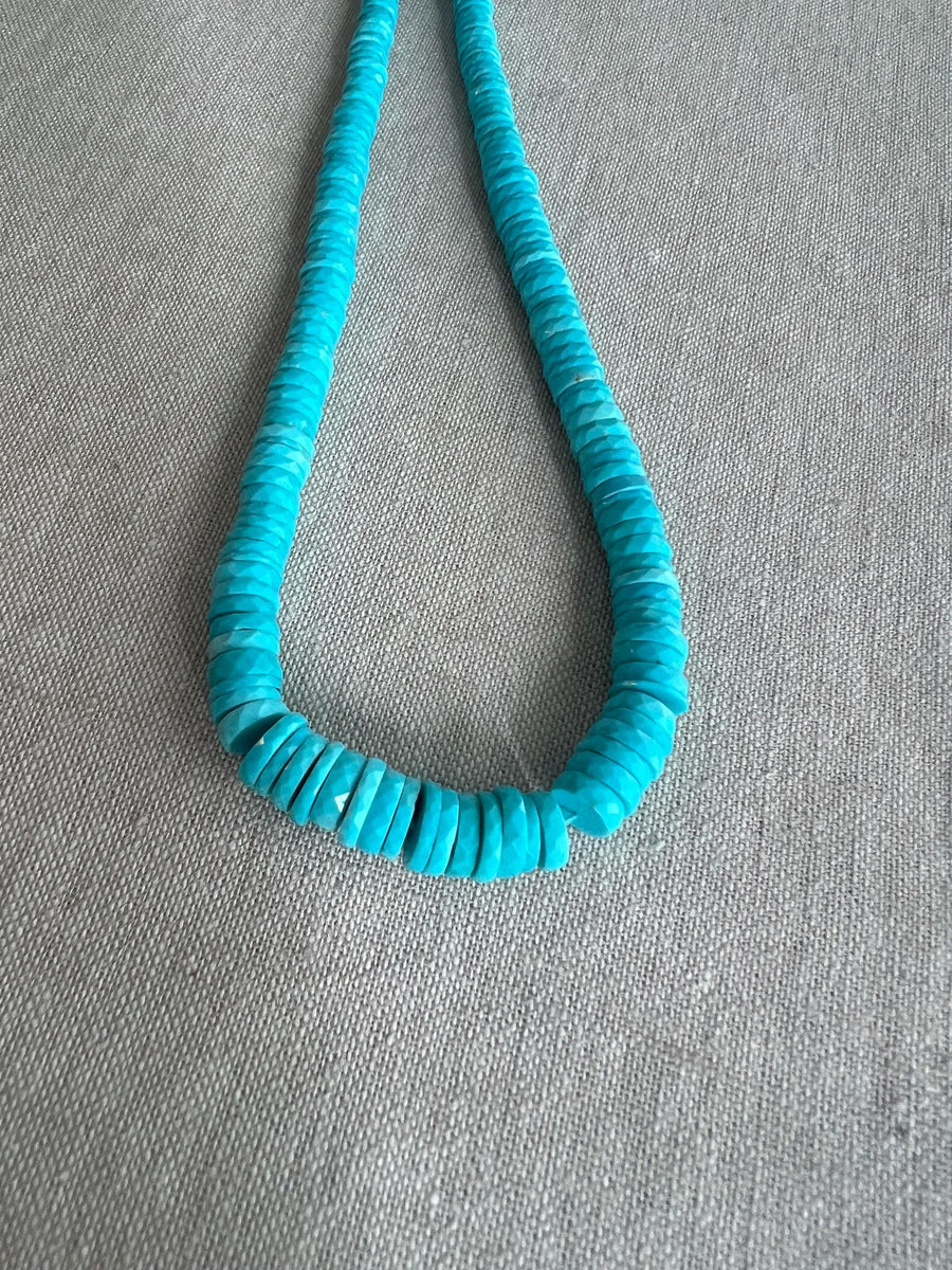 Natural untreated Arizona Sleeping Beauty Turquoise beads with distinctive faceted heishi cuts and classic medium blue color.