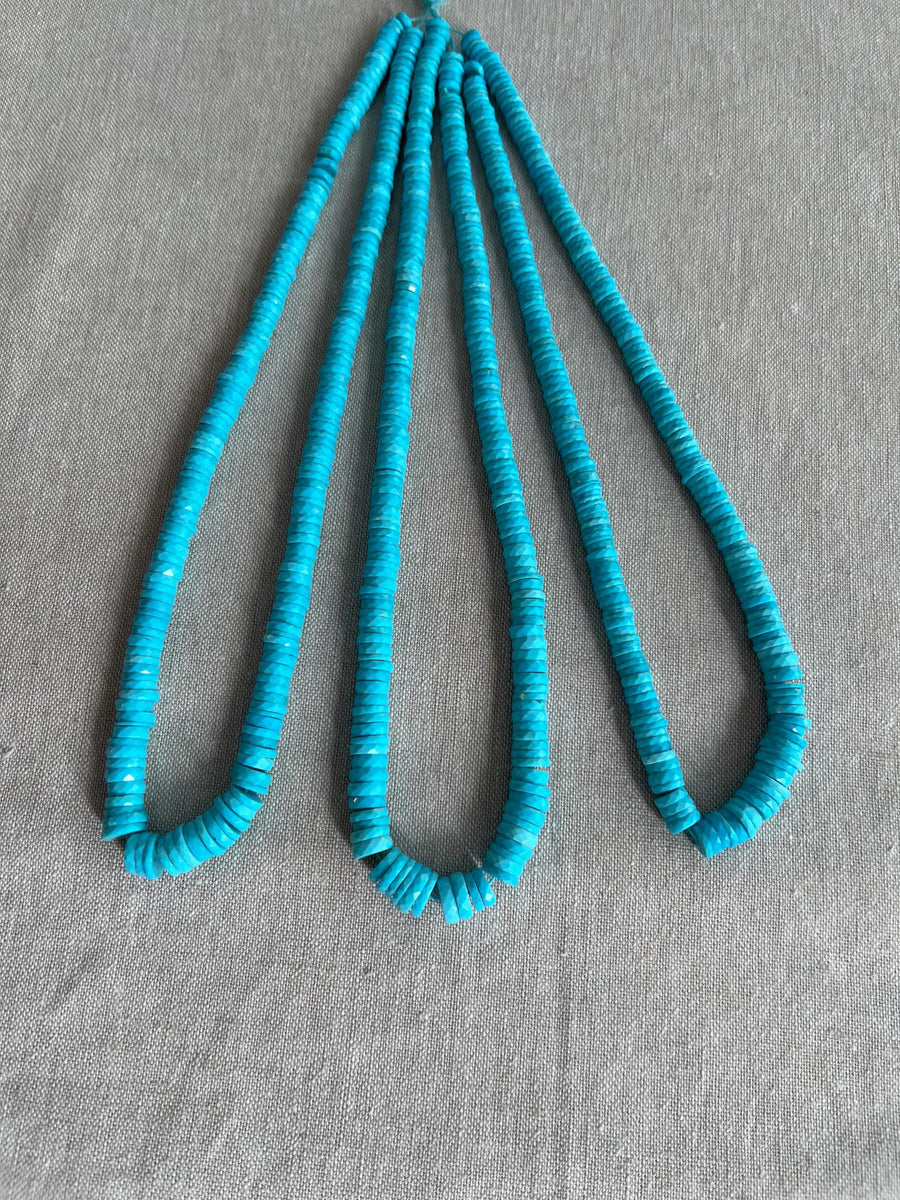 Strand of AAA Sleeping Beauty Turquoise faceted heishi gemstone beads, graduated from 5.5mm to 9mm for fine jewelry making. three strands