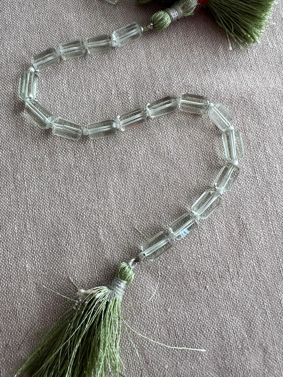 Strand of AA+ Prasiolite faceted cylinder gemstone beads from Brazil, graduated from 6x10mm to 7x12mm for jewelry making. single strand, green beads