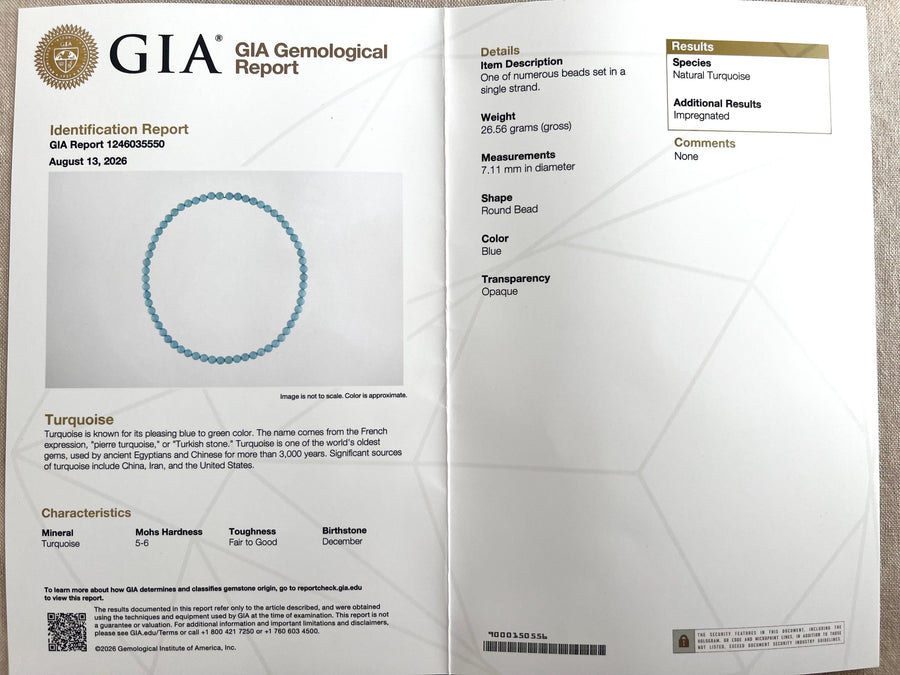 GIA gemstone identification report accompanying 7mm Sleeping Beauty Turquoise smooth round beads from Arizona.