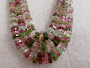 AAA natural Tourmaline bolt cut gemstone beads featuring soft pink, medium pink, and light to dark green tones.