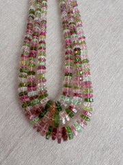 AAA natural Tourmaline bolt cut gemstone beads featuring soft pink, medium pink, and light to dark green tones.