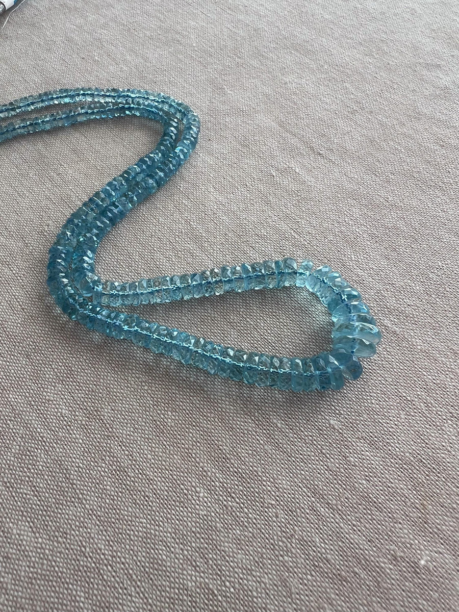Strand of natural Santa Maria Aquamarine faceted tyre beads, graduated from 4mm to 9.5mm, for jewelry making.