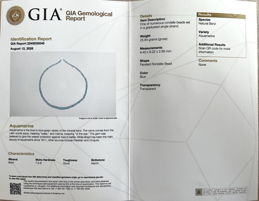 GIA gemstone identification report accompanying natural Santa Maria Aquamarine faceted gemstone beads from Brazil.
